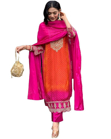 GoSriKi Women's Rayon Blend Straight Embroidered Kurta with Pant & Dupatta