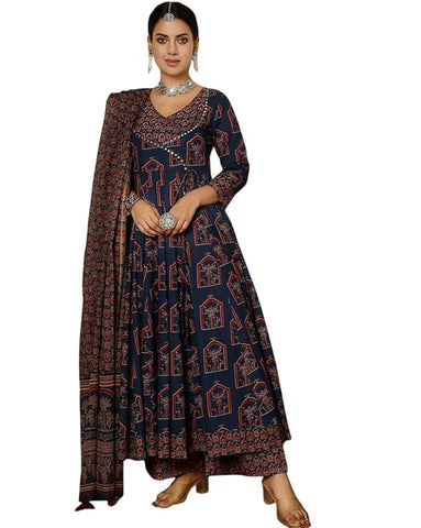 GEKHA|Women's Red Cotton Printed Flared Kurta with Cotton Pant and Cotton Printed Dupatta Sets | Ethnic Set | Dupatta Set | Suit Set | Kurta Set | Wedding Suit Set