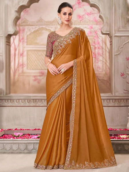 AKHILAM Women's Multicolor Satin Silk Embroidered Saree With Unstitched Blouse Piece (SILVER31001_TFH_Parent)