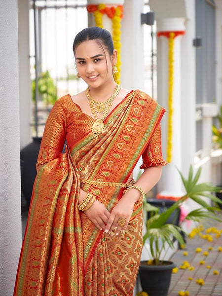 MANOHARI Women's Trendy Banarasi Woven Saree with Heavy Jacquard Work, Elegant Design, Silk Saree with Maching Lace Border Unstitched Blouse Piece for Weddings & Festive Occasions